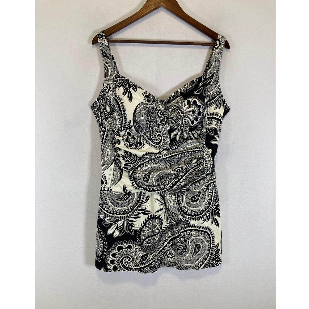 Boho Paisley Jantzen Women 18 Black White Ruched Sweetheart Swimdress JZSS7447